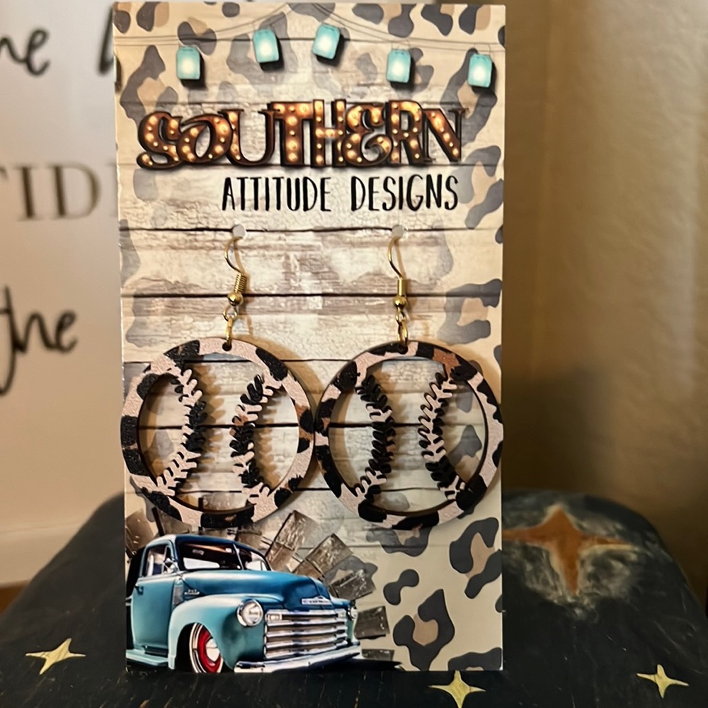 Leopard print baseball earrings